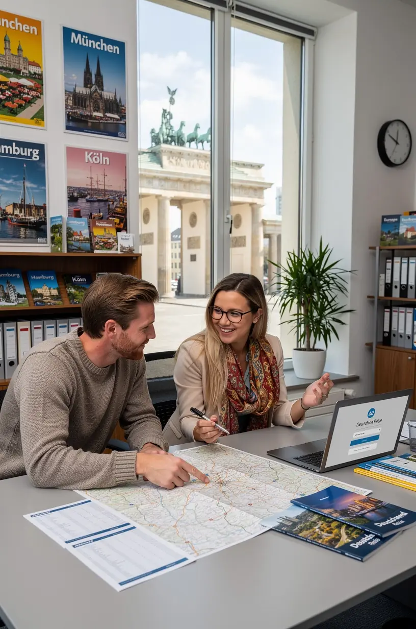 Touristen betrachten aufmerksam einen ausgedruckten Stadtplan und Reiseplan in einem modernen Reisebüro.